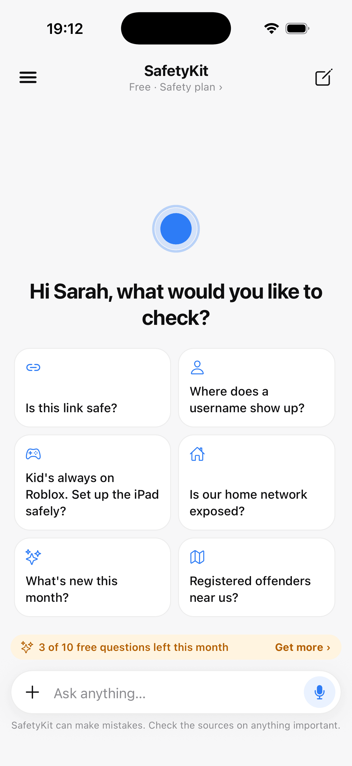SafetyKit chat: ask about a link, username or screenshot